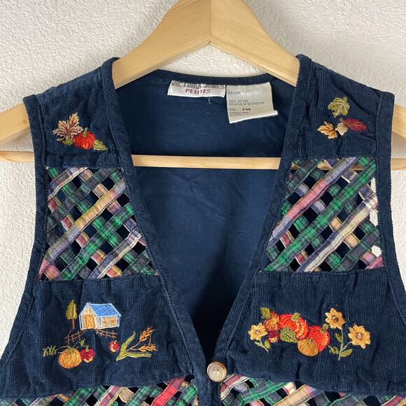 Victoria Jones Lattice Vest Womens MP Blue Embroidered Corduroy Fall Harvest - Picture 2 of 9